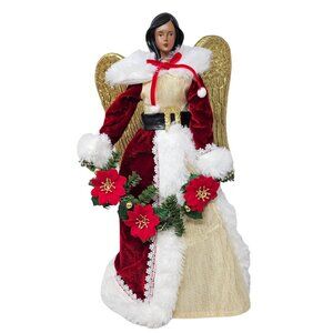 Ethnic Red and Gold Poinsettia Angel Christmas 16" Tree Topper, Holiday Party De
